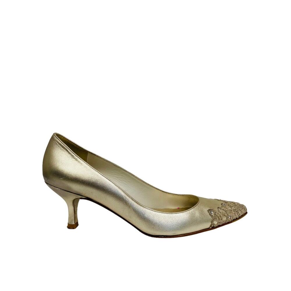 STUART WEITZMAN Gold Satin Embellished Crystal Pointed Toe Heels Pumps 8